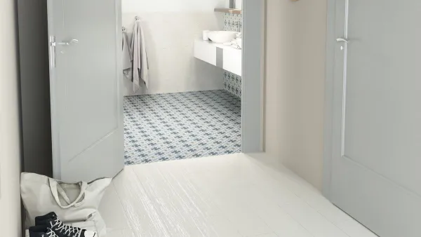 Baño con azulejos efecto hidráulico en tonos neutros, colección Fiorella de Ape