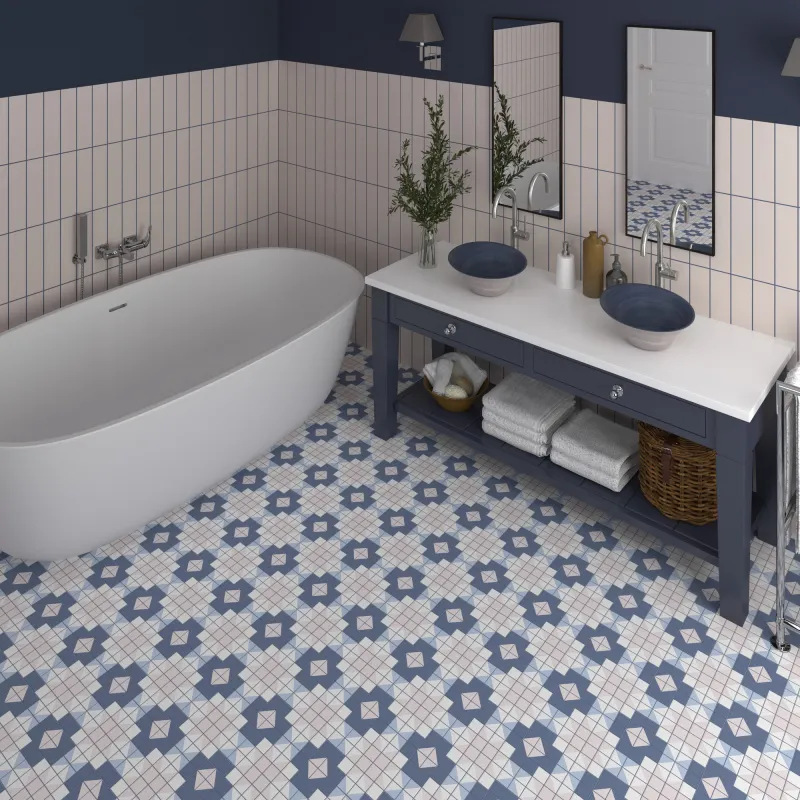 Baño con azulejos efecto hidráulico, colección Flat de Dune