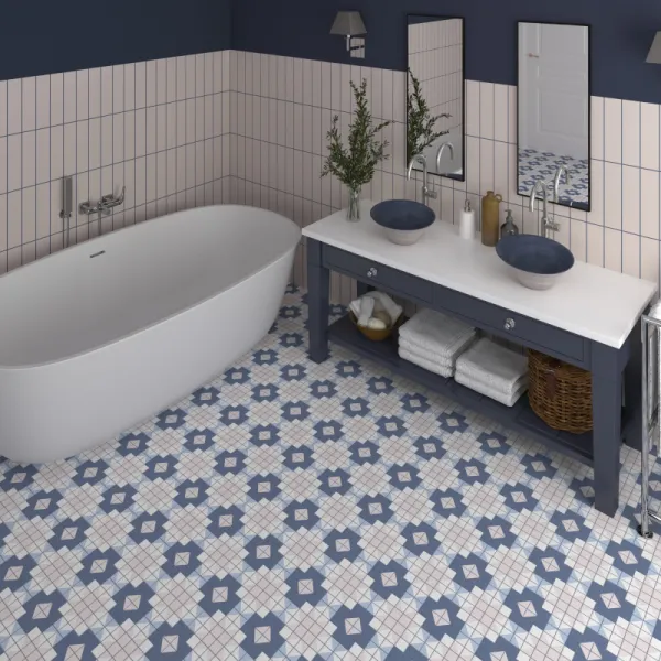 Baño con azulejos efecto hidráulico, colección Flat de Dune