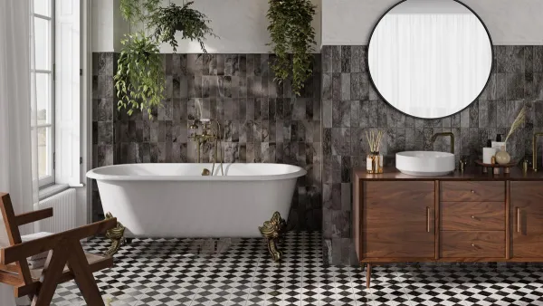 Baño con azulejos efecto hidráulico en tonos neutros, colección Fs arles de Peronda