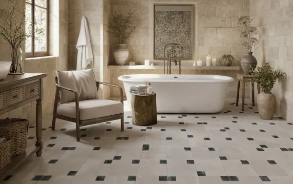Baño con azulejos efecto hidráulico en tonos cálidos, colección Fs brush de Peronda