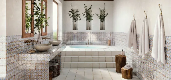 Baño con azulejos efecto hidráulico en tonos cálidos, colección Fs campania de Peronda