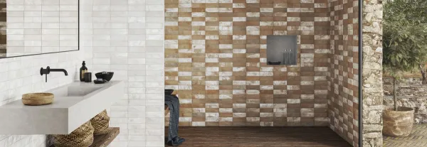 Baño con azulejos efecto hidráulico en tonos cálidos, colección Fs clay de Peronda