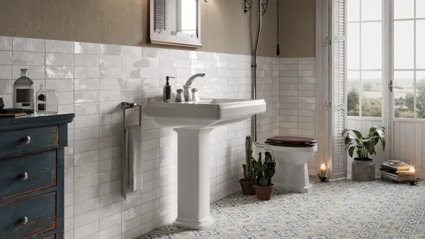 Baño con azulejos efecto hidráulico en tonos neutros, colección Fs porto de Peronda