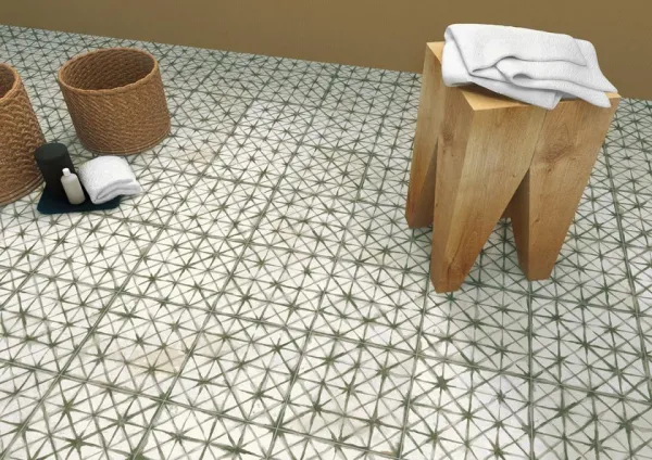 Baño con azulejos efecto hidráulico, colección Fs temple de Peronda