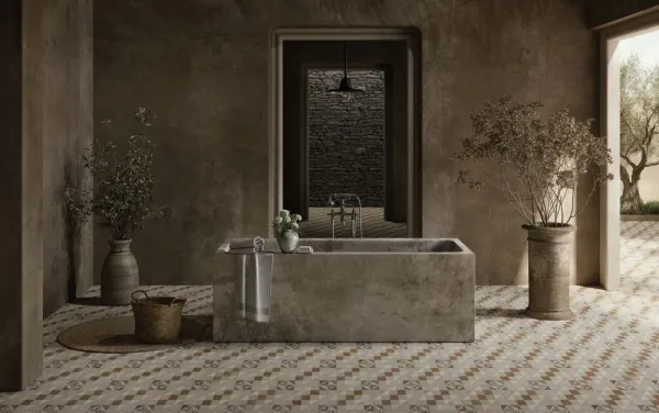 Baño con azulejos efecto hidráulico en tonos cálidos, colección Fs valentia de Peronda