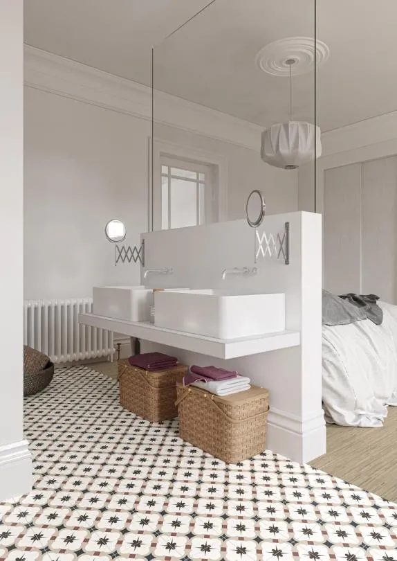 Baño con azulejos efecto hidráulico en tonos cálidos, colección Grace de Gaya Fores