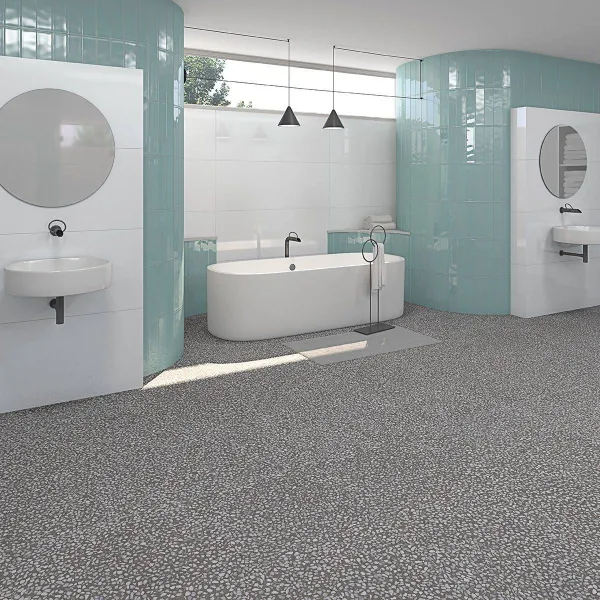 Baño con azulejos efecto hidráulico, colección Hanami de Vives