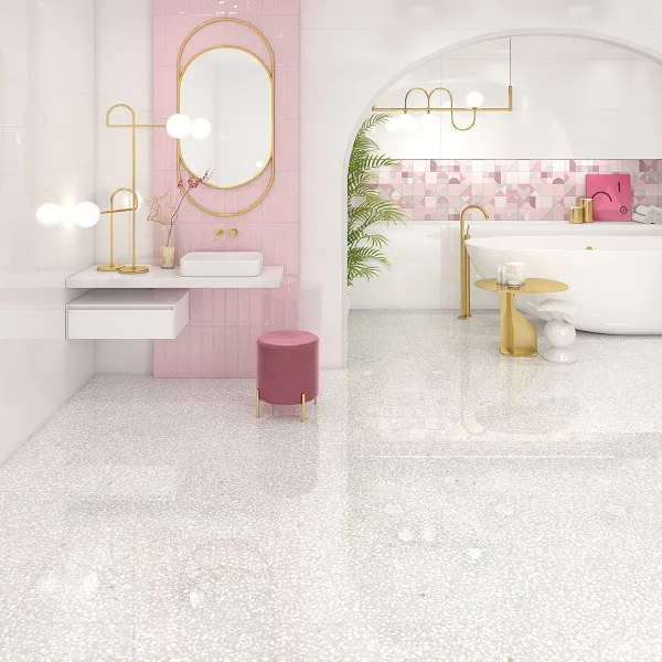 Baño con azulejos efecto hidráulico en tonos neutros, colección Hanami de Vives