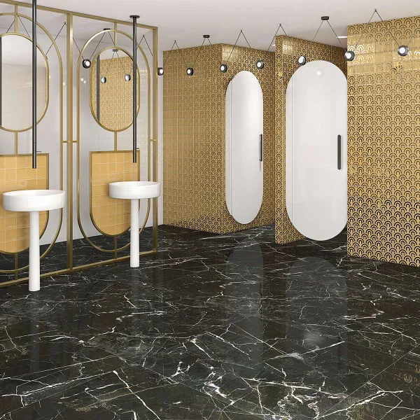 Baño con azulejos efecto hidráulico, colección Hanami de Vives