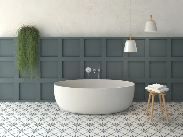 Baño con azulejos efecto hidráulico en tonos fríos, colección Havana de Harmony