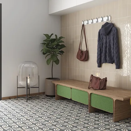 Baño con azulejos efecto hidráulico, colección Javea de Vives