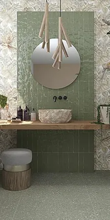Baño con azulejos efecto hidráulico, colección Javea de Vives