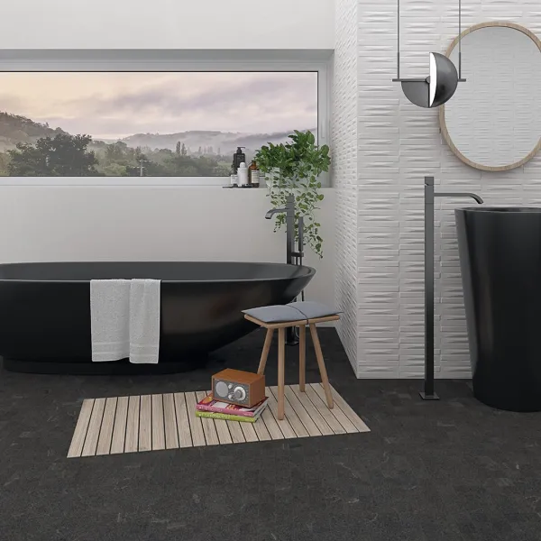Baño con azulejos efecto hidráulico en tonos neutros, colección Les points de seine de Vives