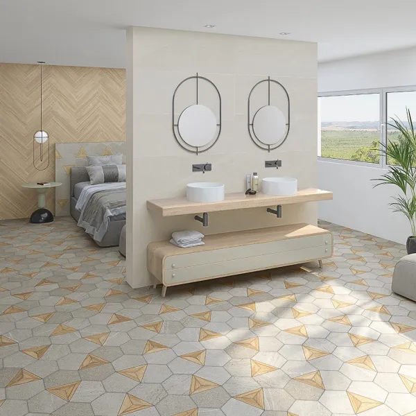 Baño con azulejos efecto hidráulico, colección Les points de seine de Vives