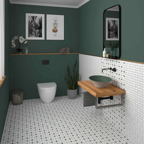 Baño con azulejos efecto hidráulico, colección Mintons de Dune