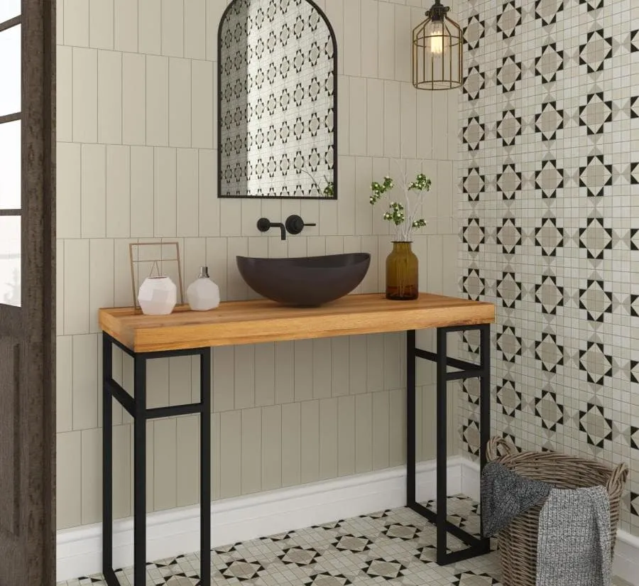 Baño con azulejos efecto hidráulico, colección Mintons de Dune
