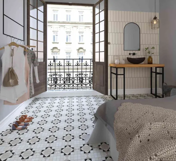 Baño con azulejos efecto hidráulico en tonos neutros, colección Mintons de Dune
