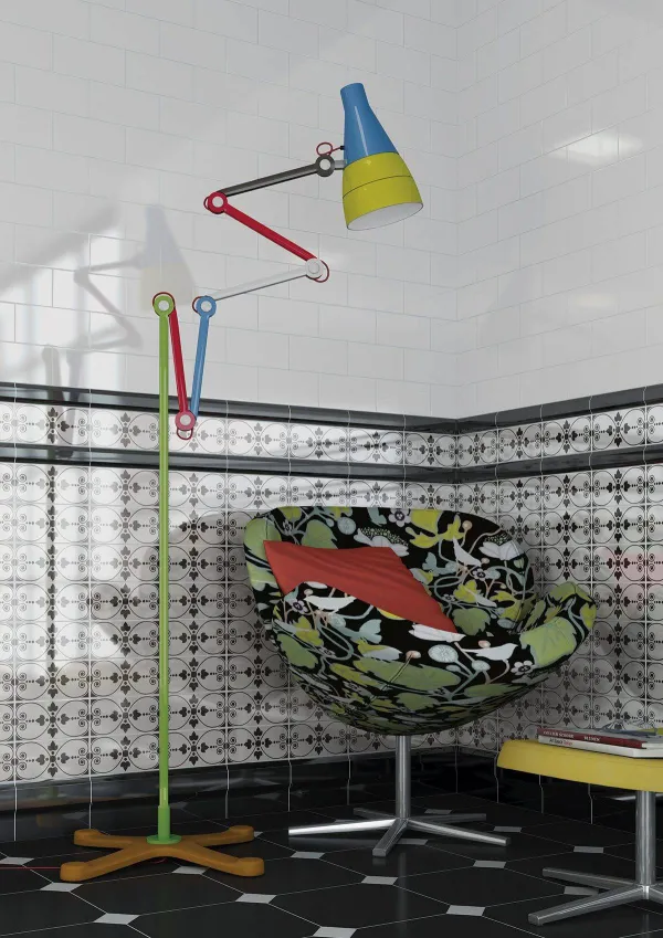Baño con azulejos efecto hidráulico en tonos neutros, colección Mugat/rivoli de Vives