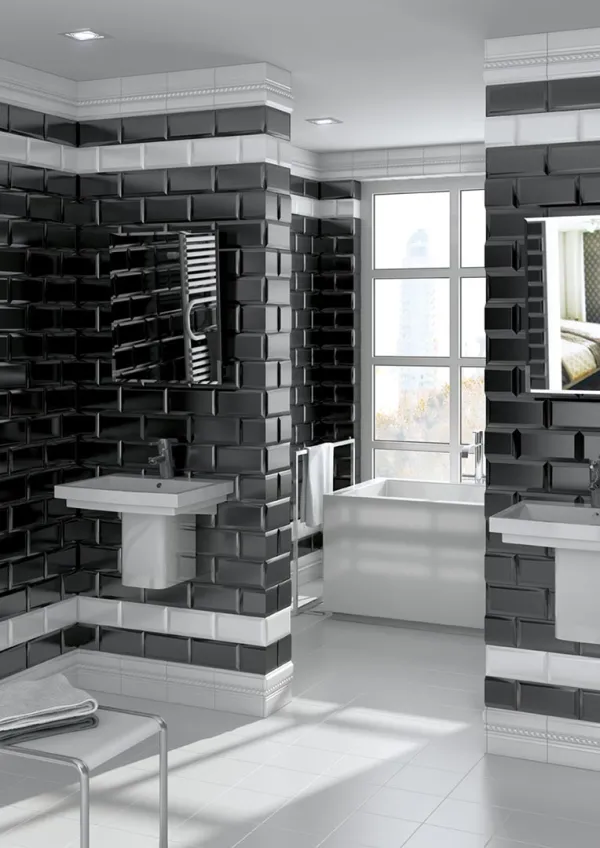 Baño con azulejos efecto hidráulico en tonos neutros, colección Mugat/rivoli de Vives
