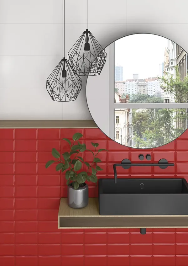 Baño con azulejos efecto hidráulico en tonos cálidos, colección Mugat/rivoli de Vives