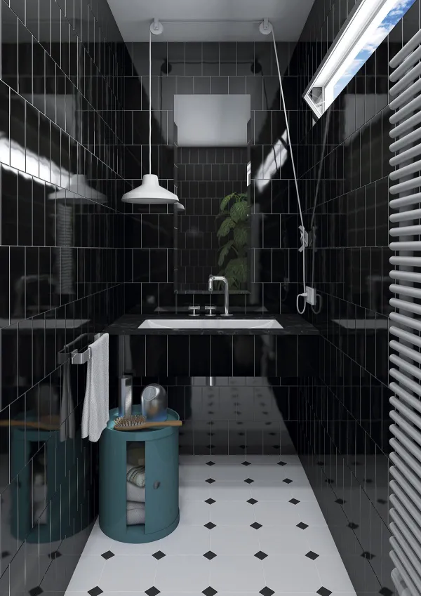 Baño con azulejos efecto hidráulico en tonos fríos, colección Mugat/rivoli de Vives