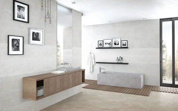 Baño con azulejos efecto hidráulico en tonos neutros, colección Neolitick de Colorker