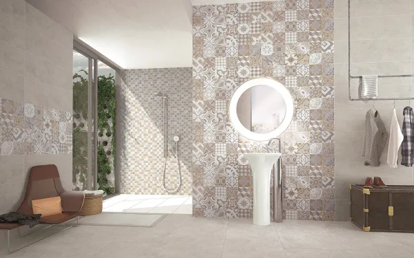 Baño con azulejos efecto hidráulico, colección Neolitick de Colorker