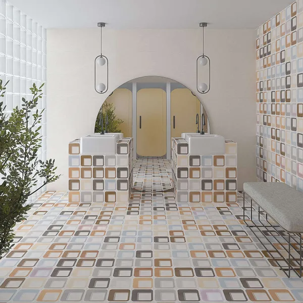 Baño con azulejos efecto hidráulico, colección Pop tiles de Vives