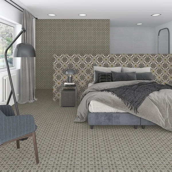 Baño con azulejos efecto hidráulico en tonos neutros, colección Pop tiles de Vives