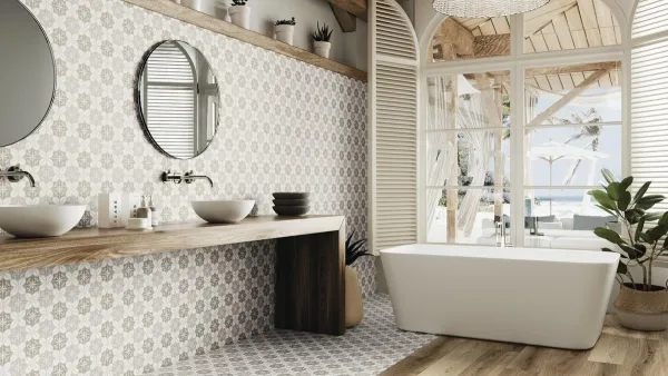 Baño con azulejos efecto hidráulico, colección Siena de Ape