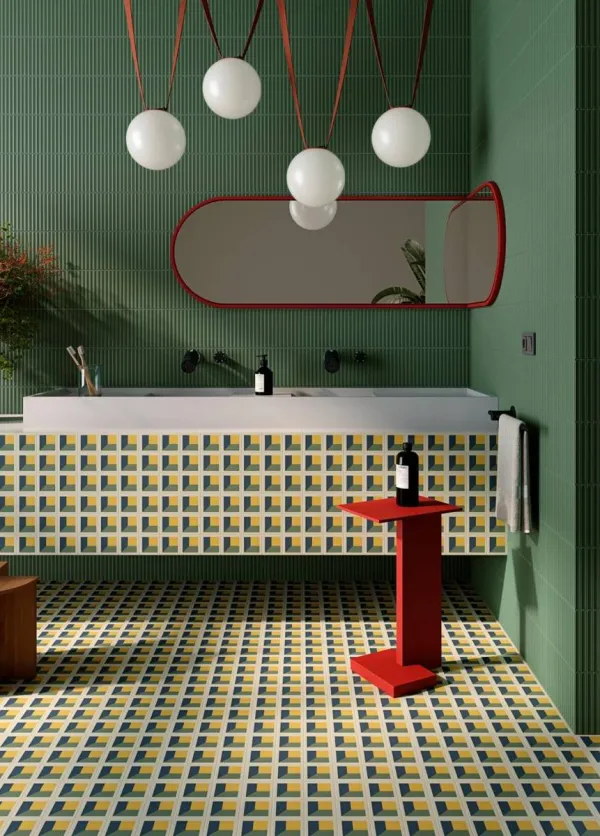 Baño con azulejos efecto hidráulico en tonos fríos, colección Surf de Vives
