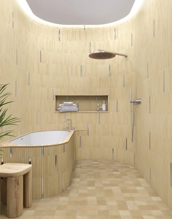 Baño con azulejos efecto hidráulico en tonos cálidos, colección Surf de Vives
