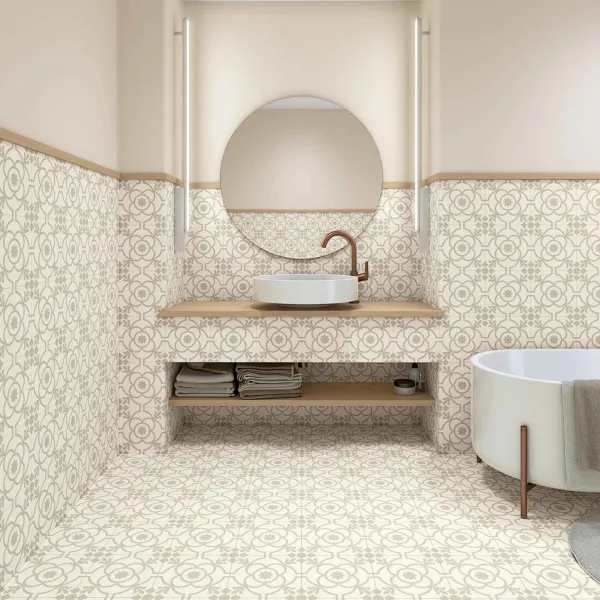 Baño con azulejos efecto hidráulico, colección Svenska de Vives