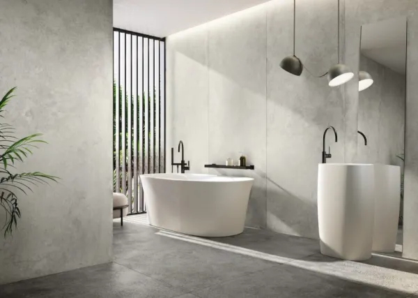 Baño con azulejos efecto hidráulico en tonos neutros, colección Tempo de Grespania