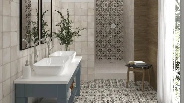 Baño con azulejos efecto hidráulico, colección Village de Ape