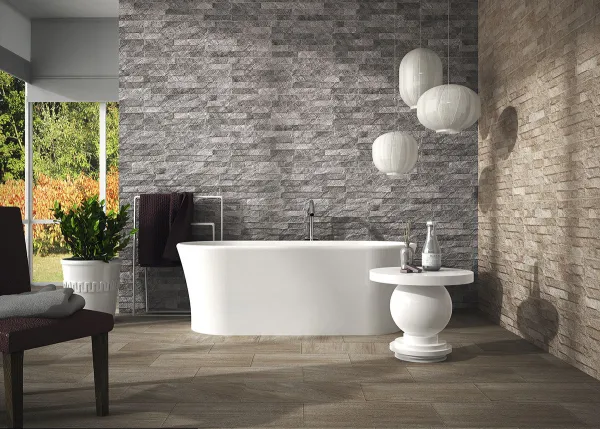 Baño con azulejos efecto ladrillo, colección Ribera de Realonda