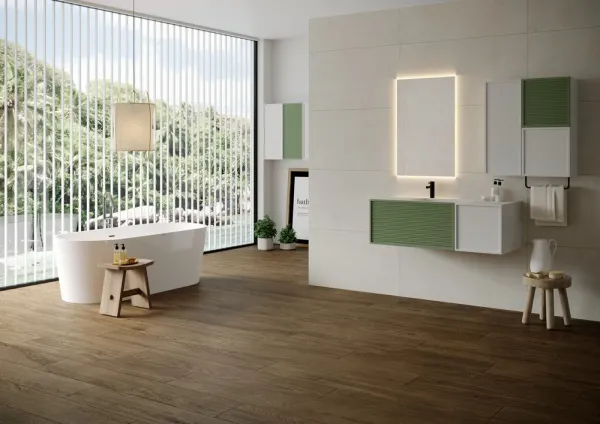 Baño con azulejos efecto madera, colección Alpino de TAU ceràmica