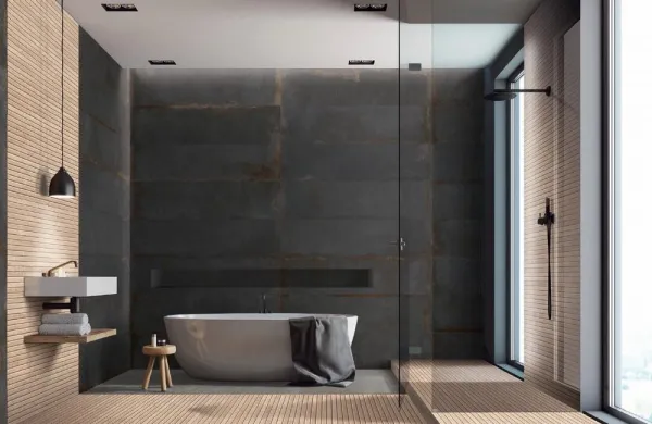Baño con azulejos efecto madera en tonos neutros, colección Artwood de Ibero Casa Infinita