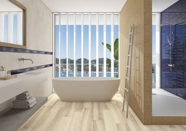 Baño con azulejos efecto madera, colección Bohars de TAU ceràmica