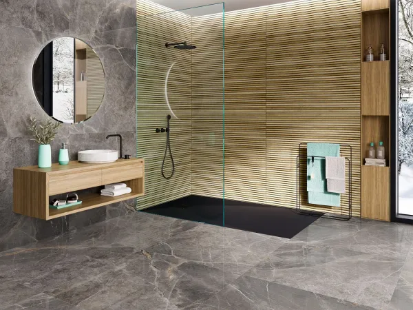 Baño con azulejos efecto madera, colección Finlandia - islandia de New Tiles