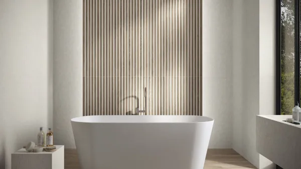 Baño con azulejos efecto madera, colección Greystone de Ape