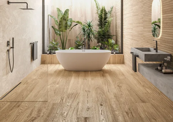 Baño con azulejos efecto madera en tonos cálidos, colección Grow de Museum