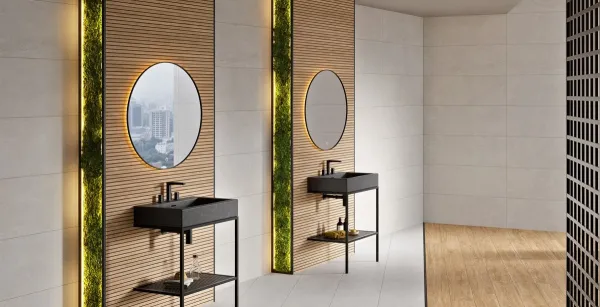 Baño con azulejos efecto madera, colección Lyric de Metropol
