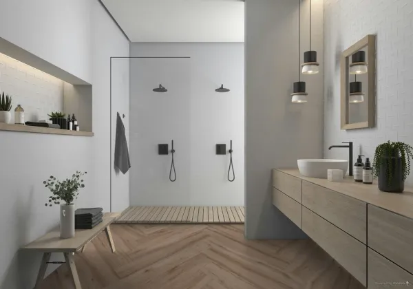 Baño con azulejos efecto madera en tonos neutros, colección Milena de Argenta