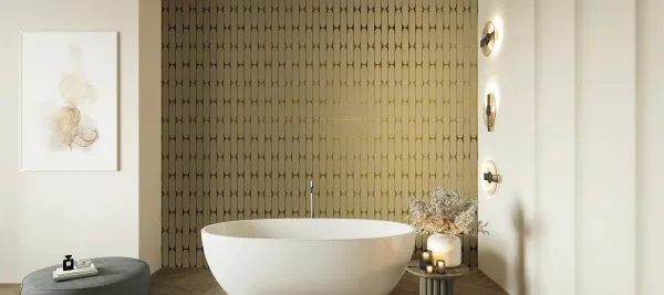 Baño con azulejos efecto madera en tonos cálidos, colección Rado de Aparici