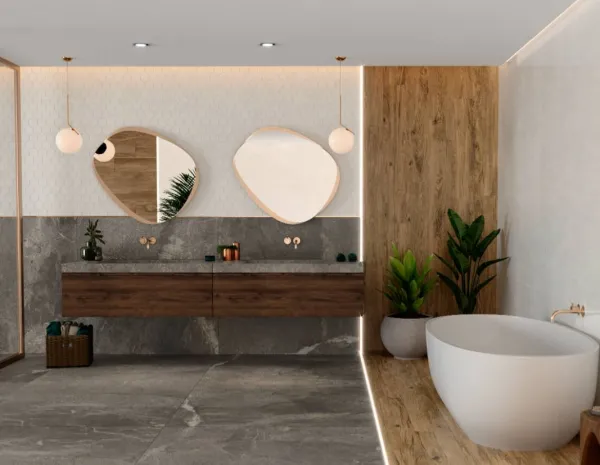 Baño con azulejos efecto madera en tonos cálidos, colección Ragusa de TAU ceràmica