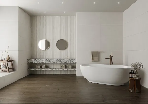 Baño con azulejos efecto madera, colección Route de TAU ceràmica