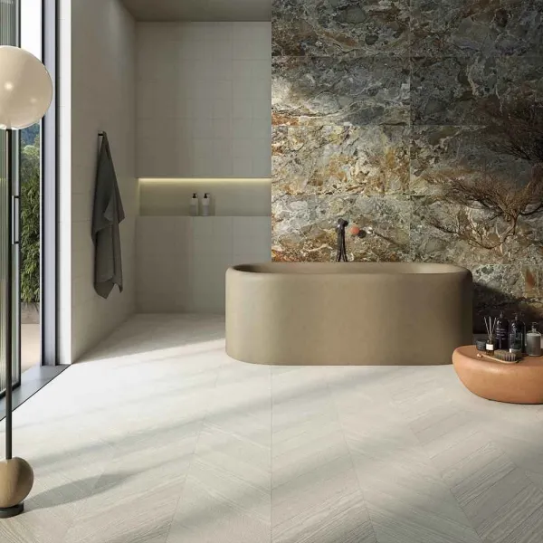 Baño con azulejos efecto madera, colección Tandem wood de Vives
