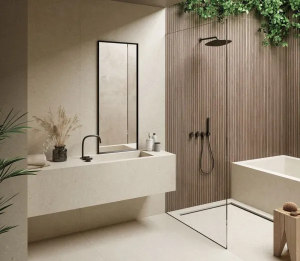 Baño con azulejos efecto madera en tonos cálidos, colección Tokyo de Durstone